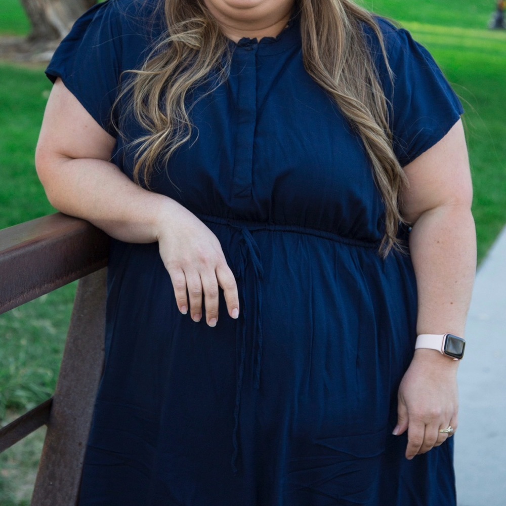 Downeast Navy Plus Size Dress with drawstring cinched waist.